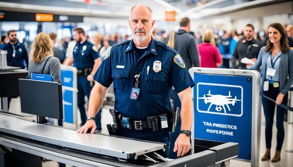 TSA officer inspecting a drone at an airport security checkpoint